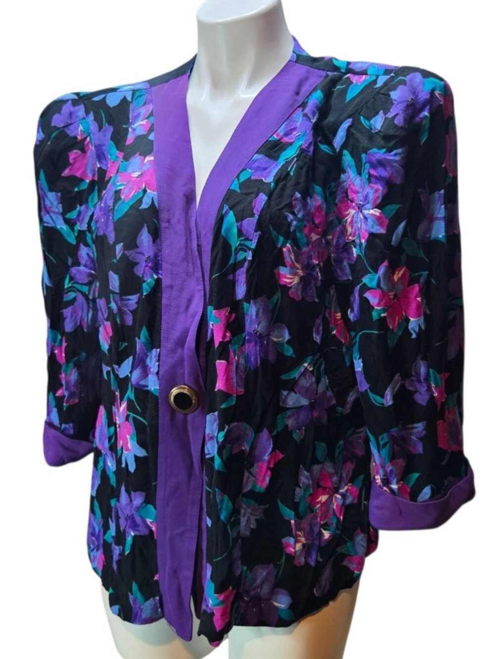 SL Fashions Floral Jacket Black Purple Approx XL Shoulder Pads Retro Blazer